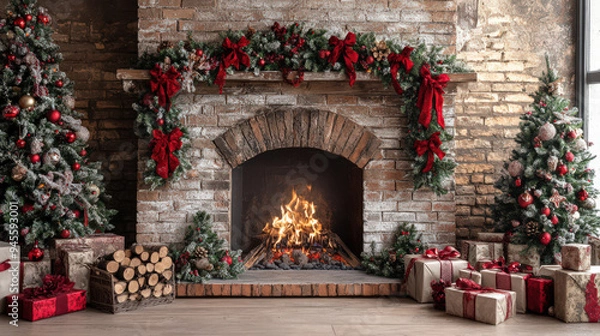 Obraz Cozy Christmas living room with a decorated fireplace, festive gifts, and Christmas trees adorned with red ribbons and ornaments.