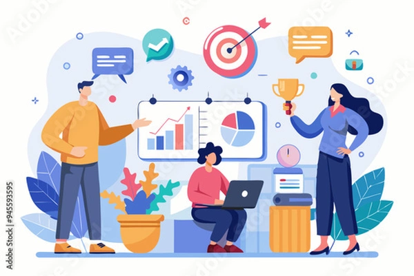 Fototapeta Strategic planning, plan to overcome difficulty or obstacle to reach goal or target, team brainstorm or competitor analysis, business success concept, business team planning for success tactic chart.
