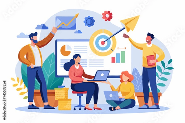 Fototapeta Strategic planning, plan to overcome difficulty or obstacle to reach goal or target, team brainstorm or competitor analysis, business success concept, business team planning for success tactic chart.
