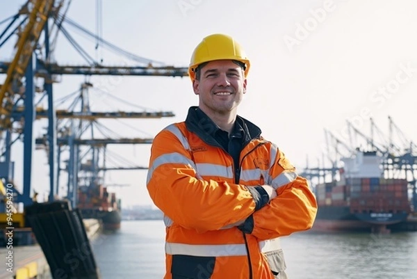 Fototapeta Male Engineer Overlooking Harbor Operations