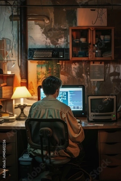 Fototapeta A person seated at a desk with a laptop, typing away