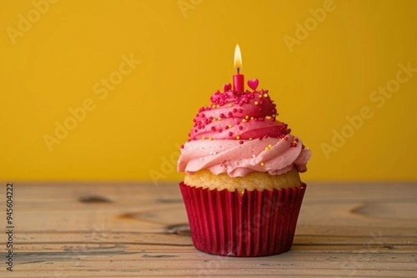 Fototapeta Birthday cupcake with one candle, covered in raspberry frosting and tiny heart sprinkles, on a wooden table with a bright yellow backdrop