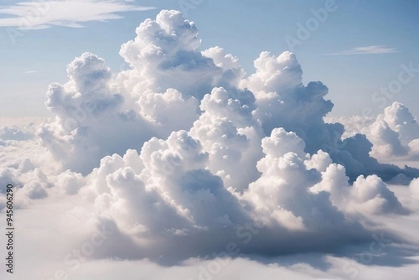 Fototapeta White fluffy clouds form a majestic scene in a blue sky.