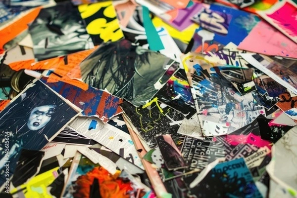 Fototapeta A collection of colorful posters and stickers on a table