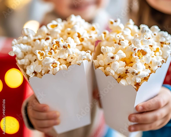 Fototapeta Two children holding white boxes of popcorn