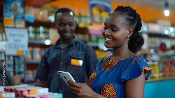 Fototapeta Mobile money in Africa. Mpesa. A happy woman smiles at her smartphone while shopping in a vibrant store with a friendly male cashier in the backgroun