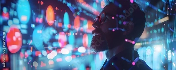 Fototapeta Businessman Surrounded by Holographic Risk Assessment Charts Strategizing Insurance and Financial Foresight