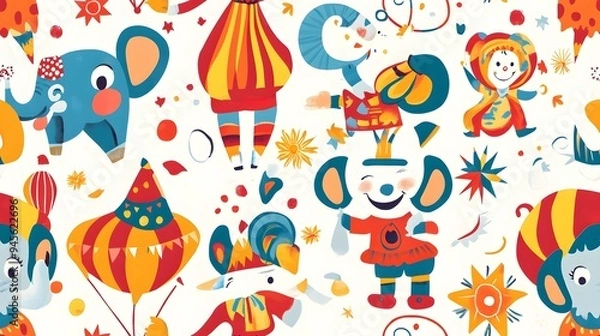 Fototapeta playful circus theme with clowns elephants and. Playful circus theme with clowns, elephants, and juggling acts on seamless tiled wallpaper
