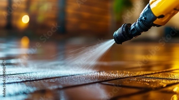 Fototapeta A high-pressure hose spraying water onto a concrete floor, revealing the clean surface beneath