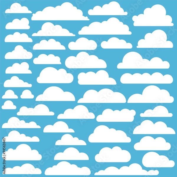 Obraz Collection of simple white clouds shape on blue background. Abstract isolated white cloud set, providing a clean and modern design for wallpapers, textiles, and digital applications. Vector illustrati