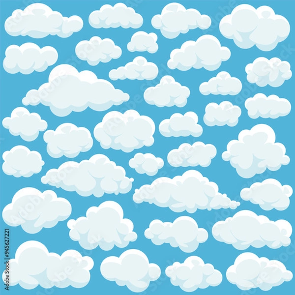 Fototapeta Cartoon fluffy clouds set in cartoon style on blue sky background, cloud shape perfect for children designs, nursery decorations, and playful branding projects. Vector illustration