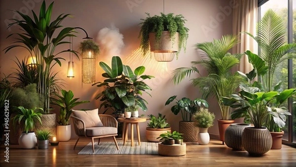 Fototapeta Moody morning misty atmosphere urban jungle apartment interior with lush greenery plants overflowing from rattan planters against pastel pink walls with soft golden light pouring in