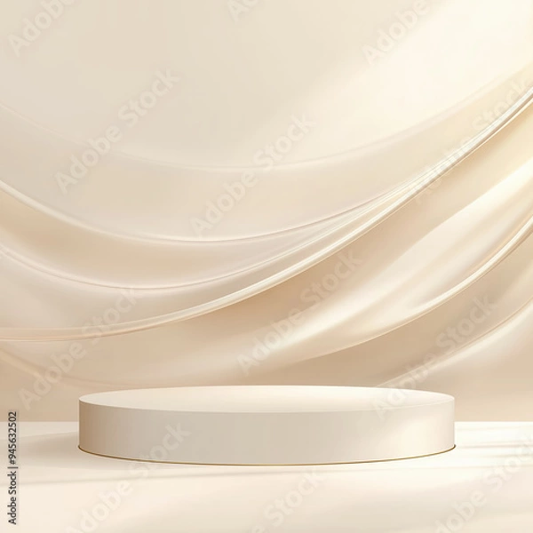 Obraz Empty soft pastel round product display podium against beige fabric and wall 