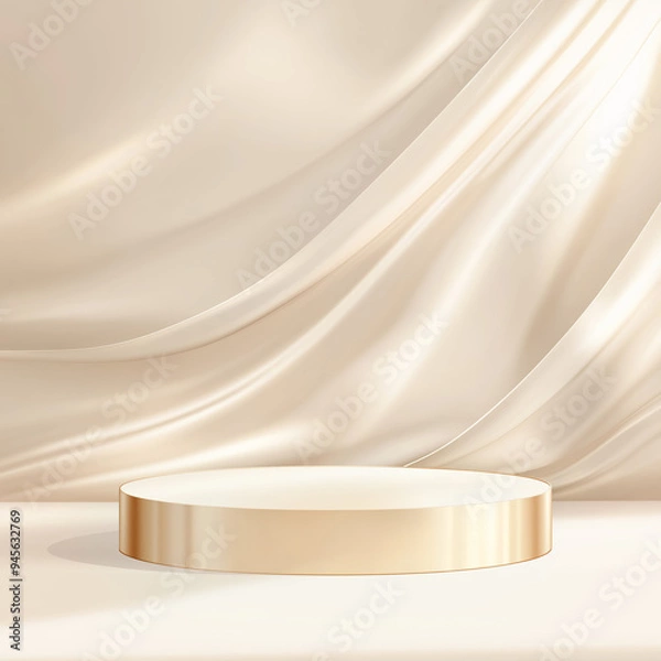 Obraz Empty soft pastel and golden round product display podium against beige fabric and wall 