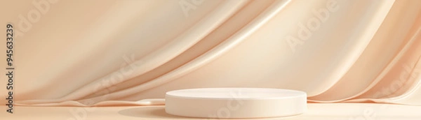 Obraz Empty soft pastel  low round product display podium against beige fabric and wall 