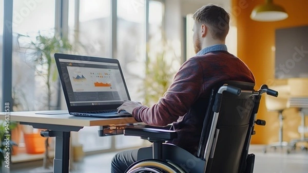 Fototapeta Remote working. a disabled person with a physical disability in a wheelchair working on a computer with adaptive equipment