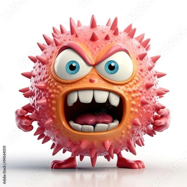 Fototapeta An angry, cartoonish-looking virus character on a white background