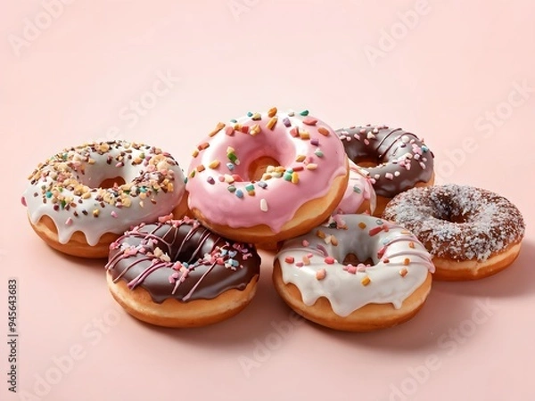 Fototapeta Colorful assortment of iced donuts with sprinkles arranged on a light pink background