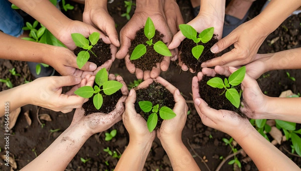 Fototapeta Diverse Group of Hands Holding Seedlings to Promote Sustainable Environmental Practices and Conservation