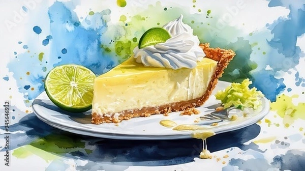 Fototapeta Watercolor painting of a slice of Key Lime Pie with whipped cream and lime wedges.