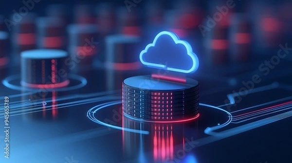Obraz Digital cloud computing and database server concept with neon blue and red lights, symbolizing modern data storage solutions.