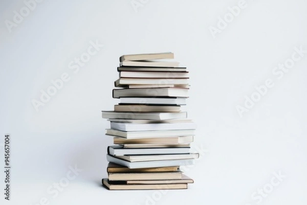 Fototapeta A neatly stacked pile of various books on a plain white background, representing knowledge, education, and endless stories, ideal for a minimalist artistic depiction.