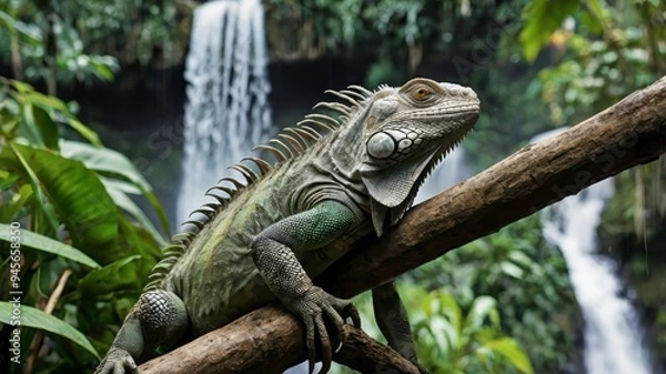 Fototapeta  Iguana on branch in jungle with waterfall