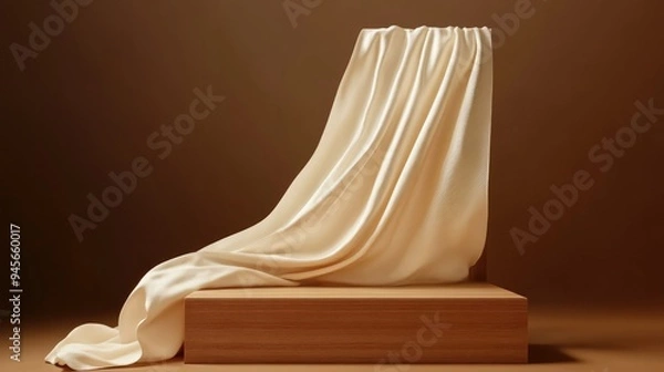 Fototapeta 3D render of a luxurious display podium with a wooden frame and a flowing silk curtain, set against a rich brown background. Ideal for beauty or cosmetic product presentations.
