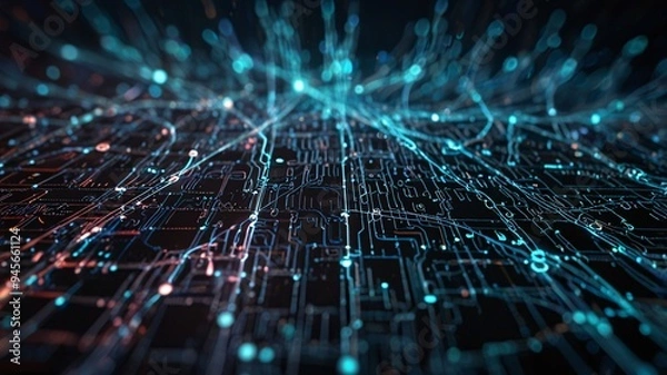 Obraz A high-tech representation of intricate digital circuits and data streams in a futuristic abstract design, perfect for illustrating advanced technology concepts.