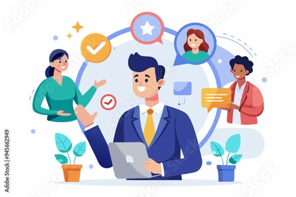 Fototapeta 360 degree feedback, assessment or performance appraisal, customer review, testimonial or job networking, employee evaluation, rating or survey concept, businessman get feedback from colleagues.
