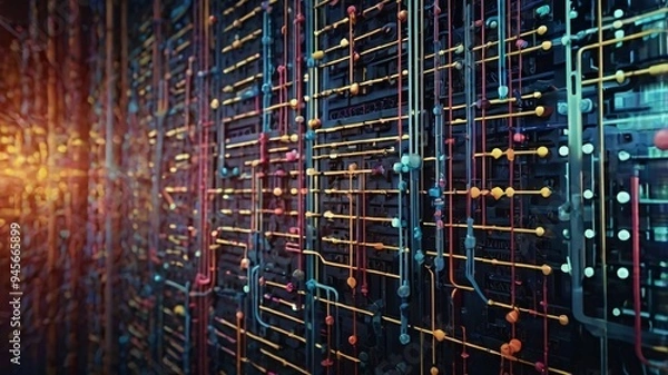 Obraz A high-tech representation of intricate digital circuits and data streams in a futuristic abstract design, perfect for illustrating advanced technology concepts.