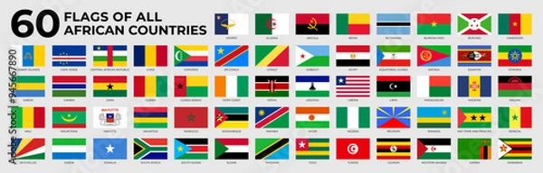 Fototapeta A set of rectangle flags of African countries in alphabetical order. Detailed national flags of African countries, including small states and partially African countries. Vector illustration