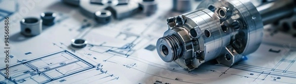 Obraz High-precision mechanical part with technical blueprints in the background, illustrating engineering and manufacturing concepts.