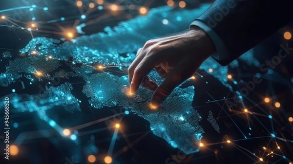 Fototapeta Businessman hand touching global network and data exchanges over the world 3D rendering