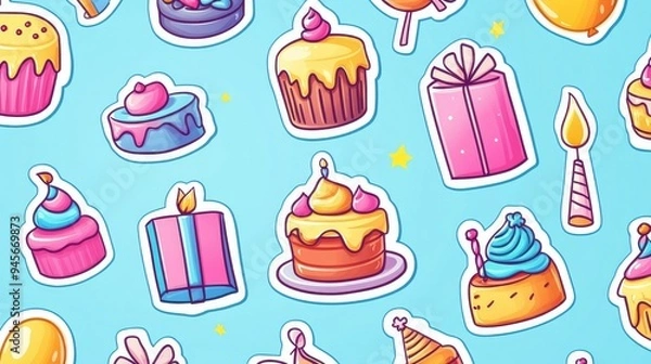 Fototapeta Colorful 90s-themed cartoon birthday stickers featuring cakes, balloons, and gifts. Ideal for creating fun, retro-style celebration labels and party decorations.