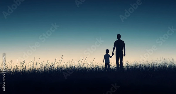 Fototapeta Silhouette of a Father and Son Holding Hands, Standing Together Against a Sunset, Capturing Themes of Family Bond, Love, and Togetherness, Perfect for Representing Generational Connection and Emotiona