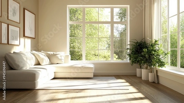 Fototapeta Bright and Airy Living Room with Large Windows and Greenery, Modern Minimalist Interior Design
