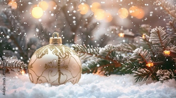 Obraz Christmas Ornament in Snow with Festive Lights.
