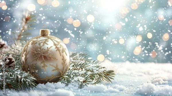 Obraz Christmas ornament with snow and pine branch.