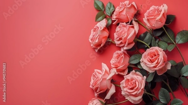 Obraz Pink roses on red background and Free Copy Space 