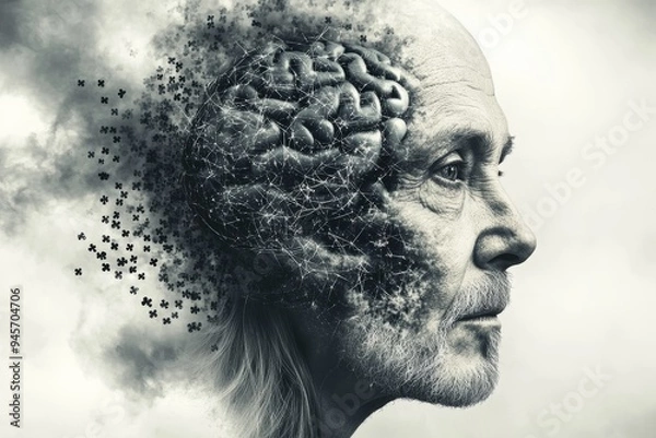 Obraz Abstract portrait of an elderly man with neural disintegration symbolizing the fragility of memory and cognitive decline in an expressive conceptual design
