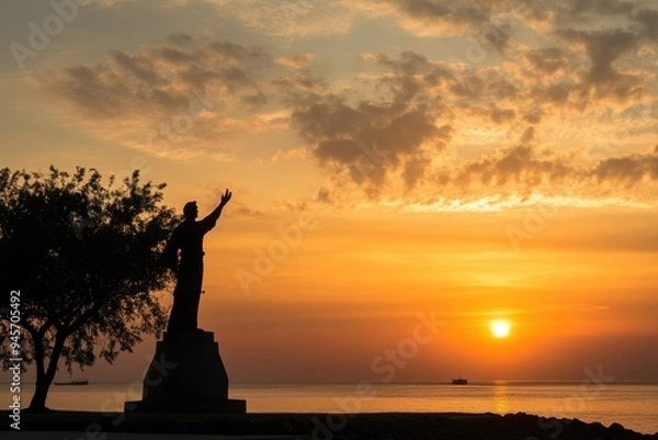 Obraz Hispanic Heritage Monument: A photograph of a monument or statue commemorating Hispanic contributions to society, set against a sunset backdrop. 