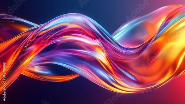 Fototapeta Abstract liquid glass ribbon with holographic texture flows in a dynamic curve, exhibiting vibrant colors and dispersion light, creating a captivating and glossy design element.