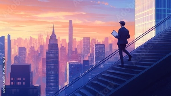 Fototapeta Aspiring entrepreneur ascends staircase with determination, carrying a clipboard amidst the vast New York skyline. Embodying the pursuit of business objectives, professional growth, and triumph.