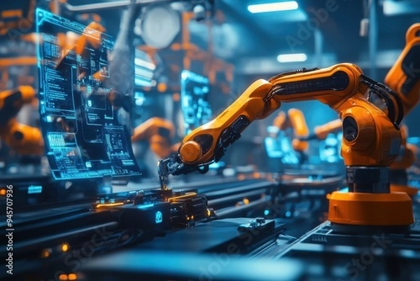 Fototapeta A futuristic industrial setting featuring robotic arms working on a production line with holographic data displays
