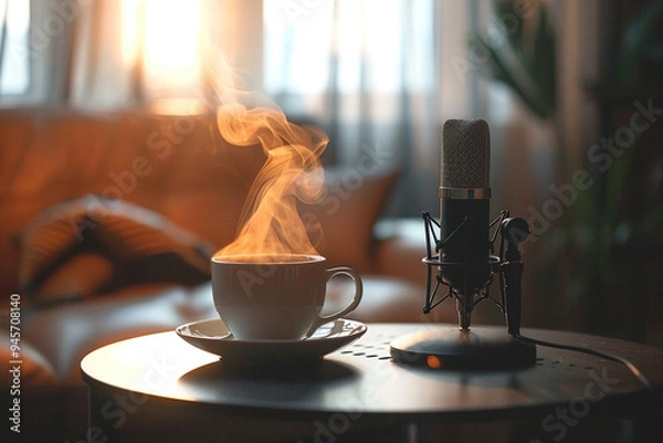 Fototapeta Creating podcast or music with mic, remote woking on radio in home atmosphere concept. Content creator workplace home studio with retro vintage microphone and hot coffee tea beverage cup on the table