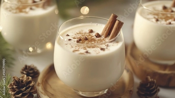 Fototapeta Eggnog with Cinnamon Sticks and Nutmeg in a Glass