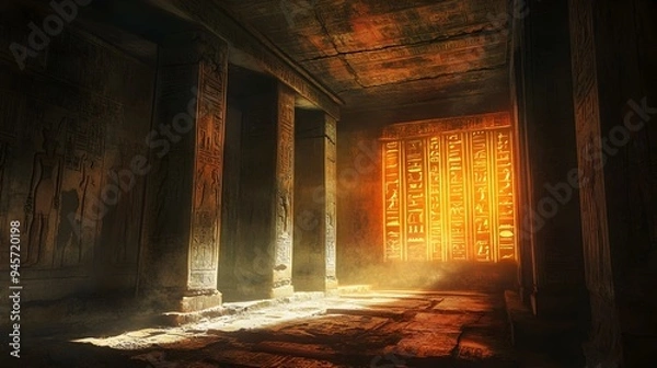 Fototapeta Illuminated Hieroglyphs in an Ancient Egyptian Tomb Unraveling Timeless Mysteries
