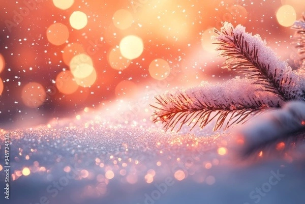 Fototapeta Snow-covered pine branches with glowing bokeh lights in the background, creating a serene and magical winter scene.