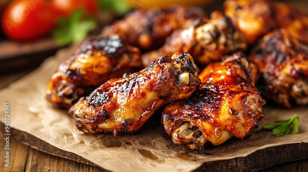 Fototapeta Close-up of grilled chicken wings with a golden-brown, crispy exterior and juicy interior, set against a rustic background, highlighting the rich flavors and appealing textures of the dish.